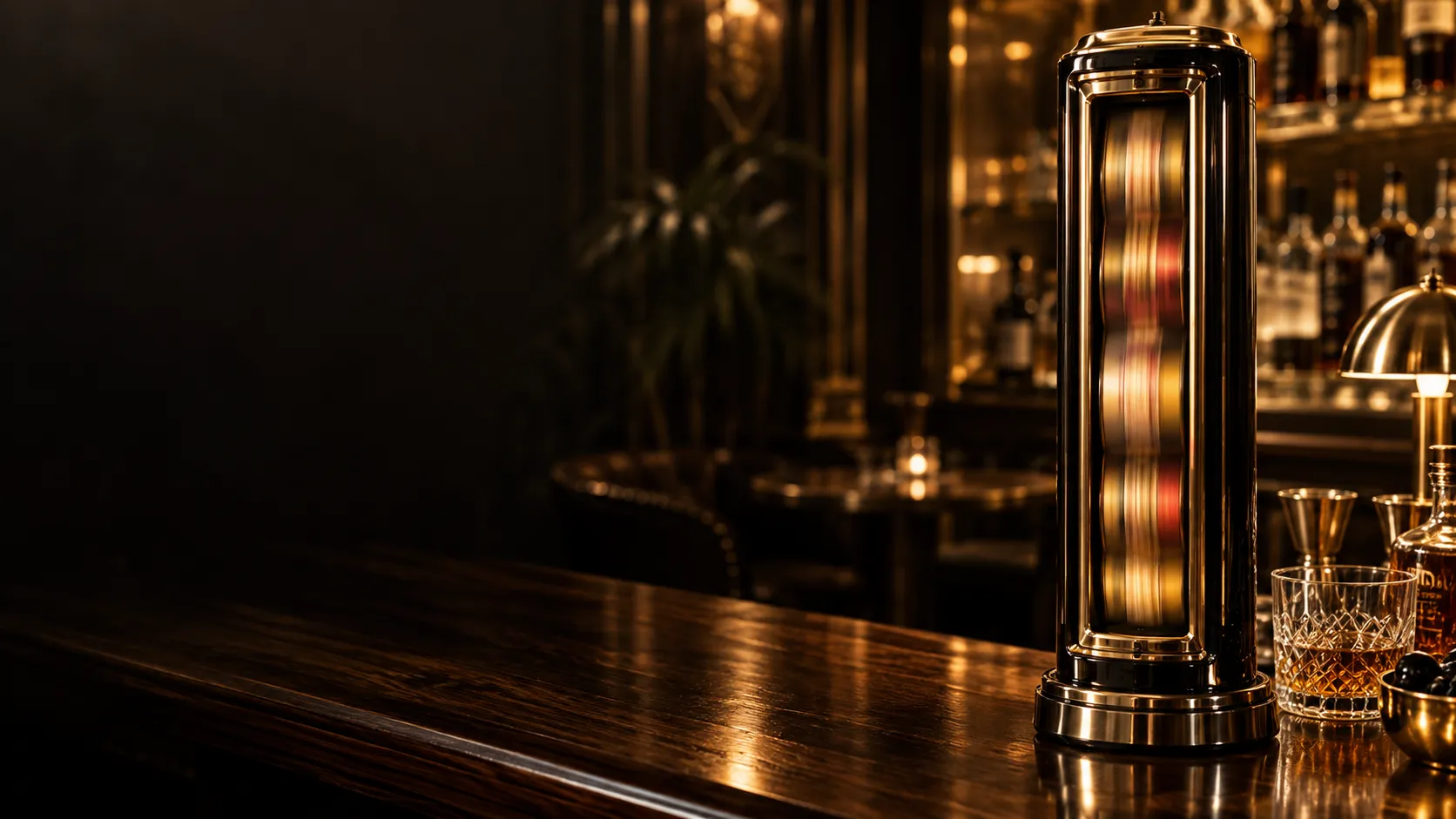 A glowing spinning reel display stands on a speakeasy bar counter