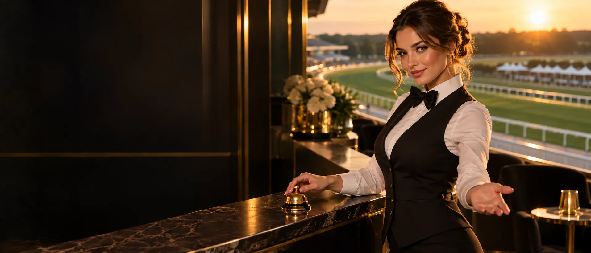 Croupier rests a hand on a gold concierge bell in a racecourse VIP box