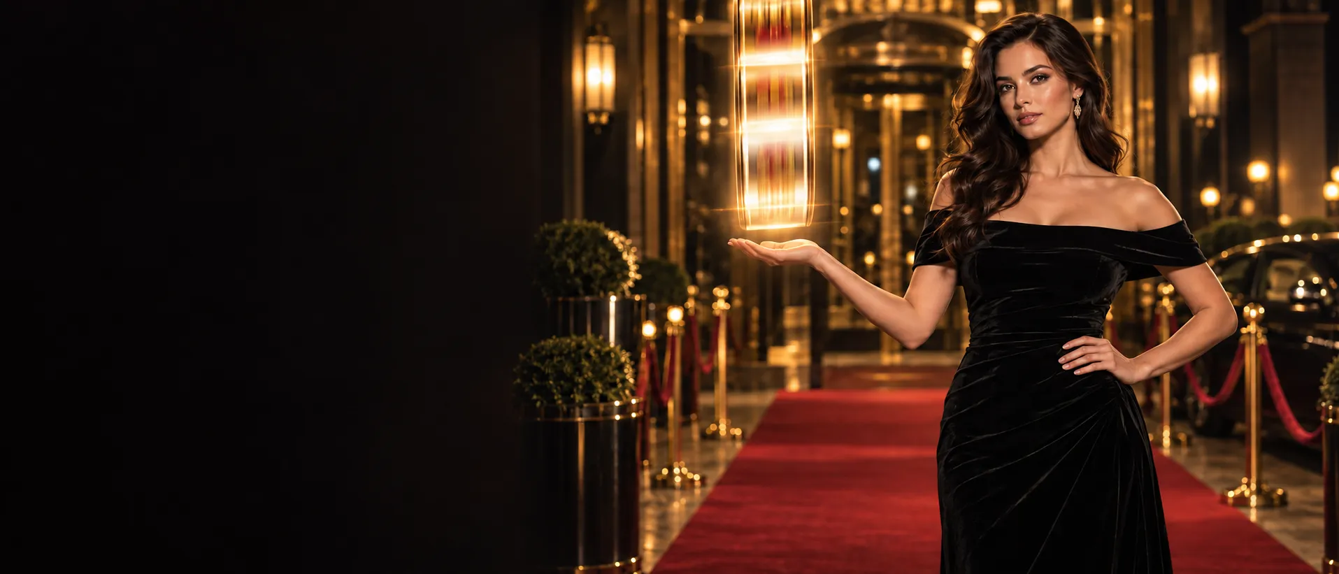 Woman in a velvet gown gestures toward a glowing spinning reel display on a red carpet