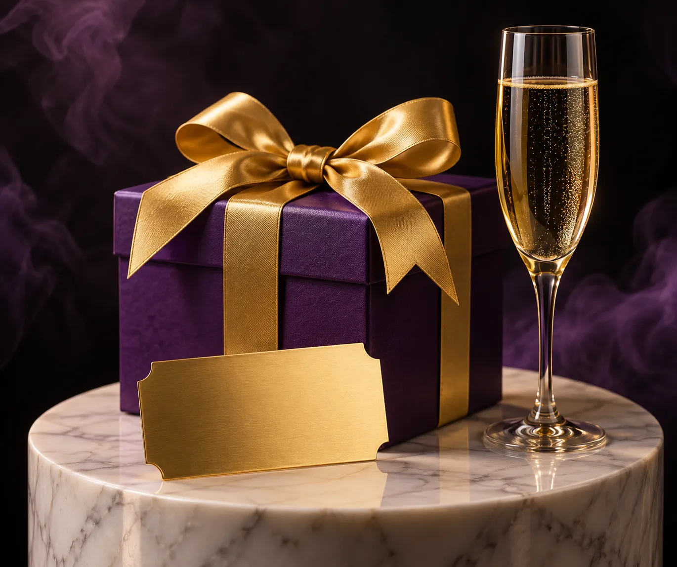 A wrapped gift box and ticket displayed on a pedestal, representing an ongoing casino reward
