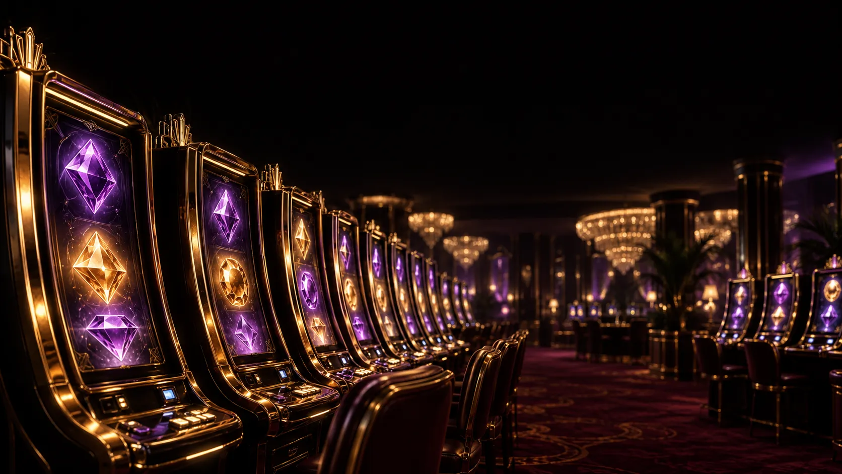 Row of glowing slot machine cabinets softly blurred in casino bokeh