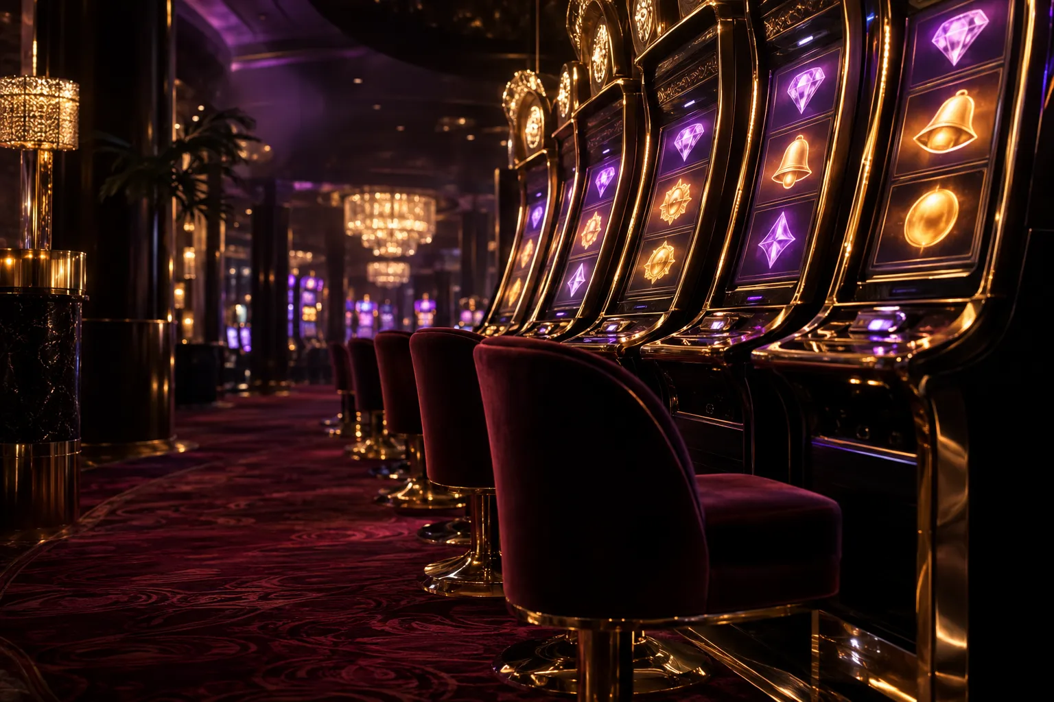 Warm-toned backdrop of a row of pokie machines glowing on the casino floor