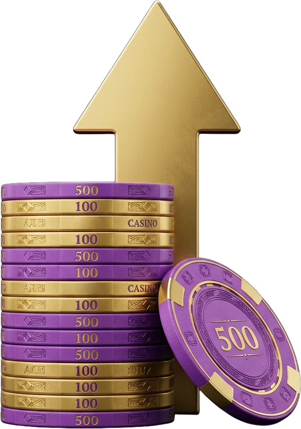 Stack of purple and gold casino chips representing a bonus buy stake