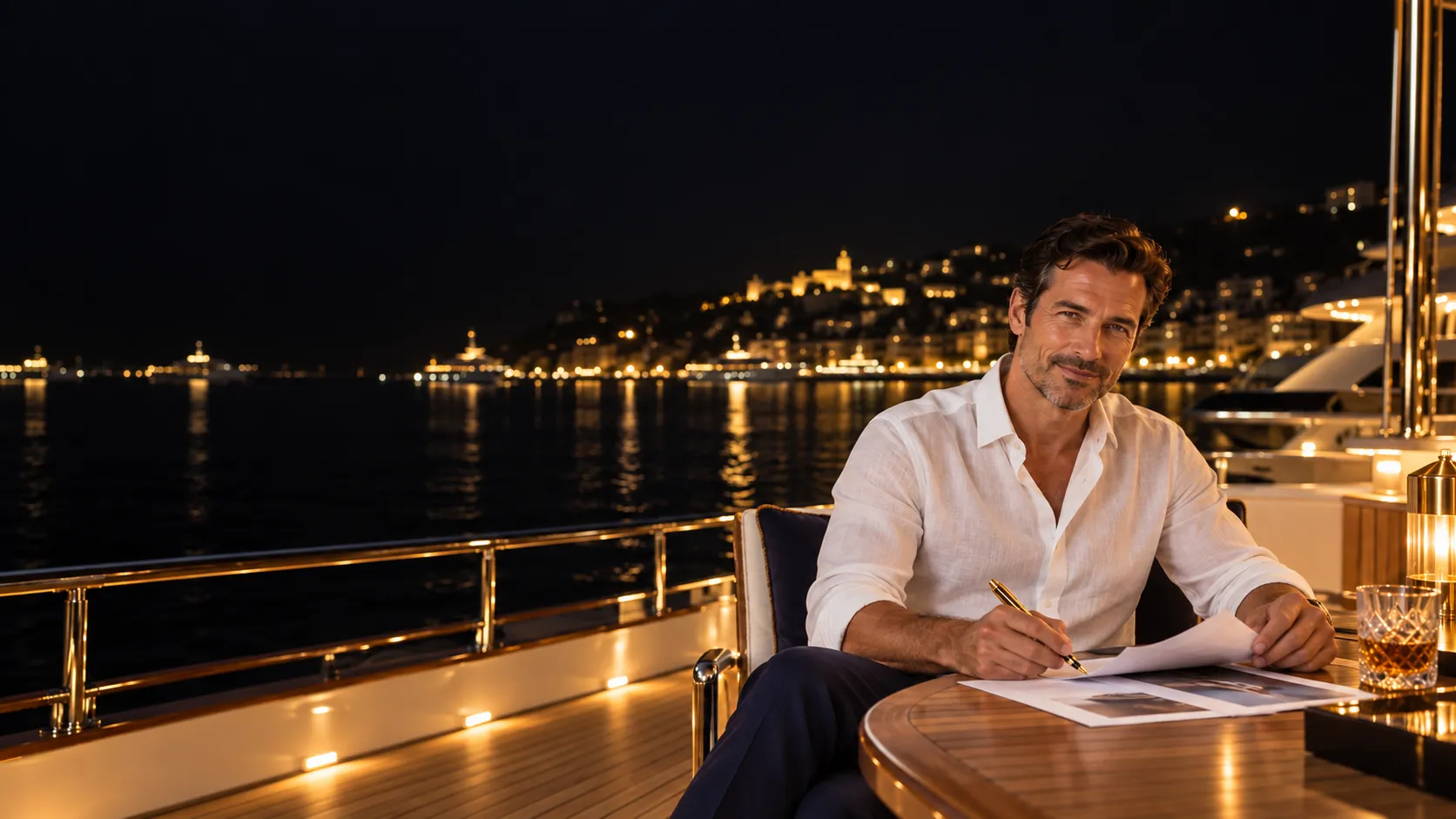 Guide author editing printed pages with a gold fountain pen on a yacht deck at night