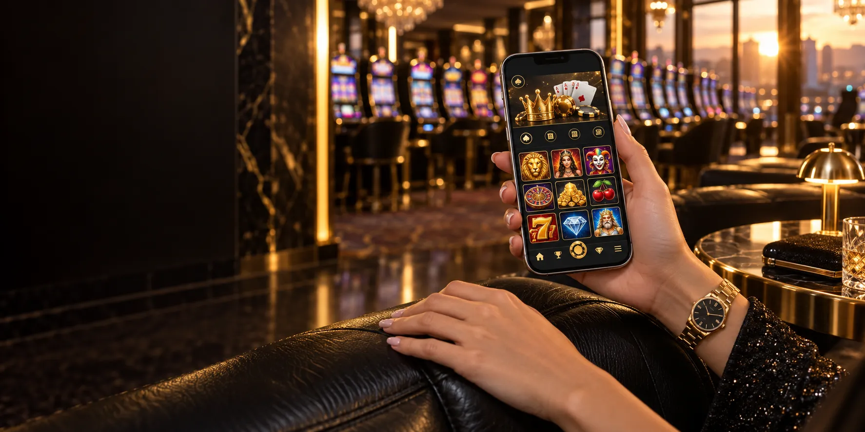 Hands hold a phone showing a lit lobby screen on a glowing slot floor