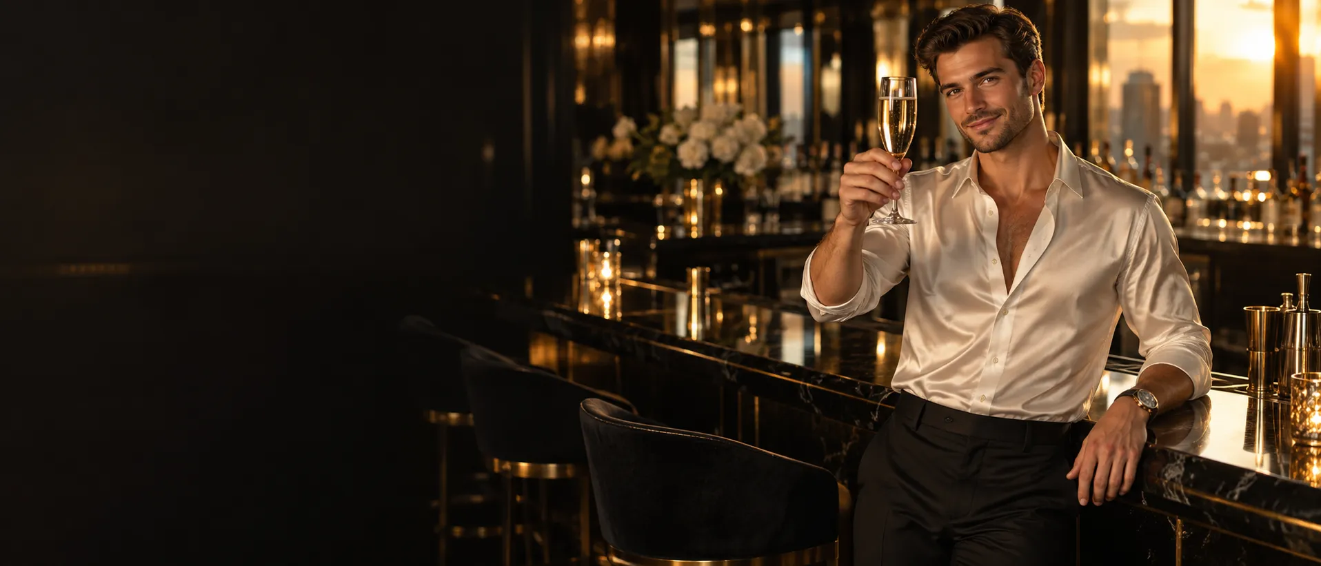 Man in a tuxedo raises a welcoming glass of champagne at a mirrored bar, marking a warm welcome to Here2Win Casino