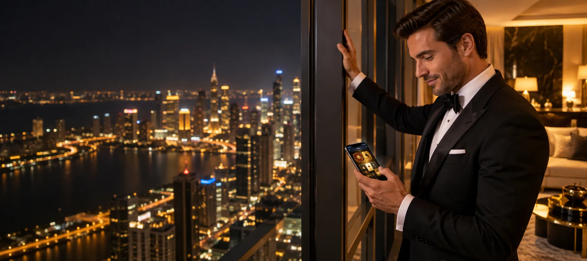 Man in a tuxedo holds a lit smartphone in a penthouse overlooking a night skyline