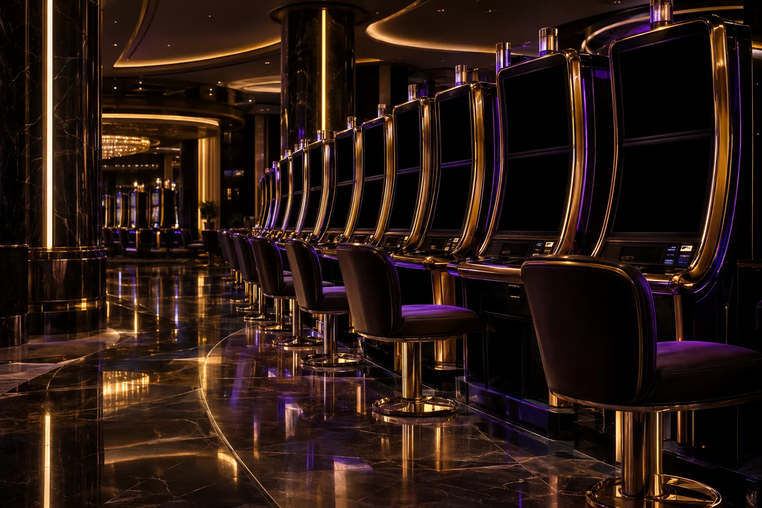 Glowing gold-lit slot machine floor, the same style of games waiting on a phone screen