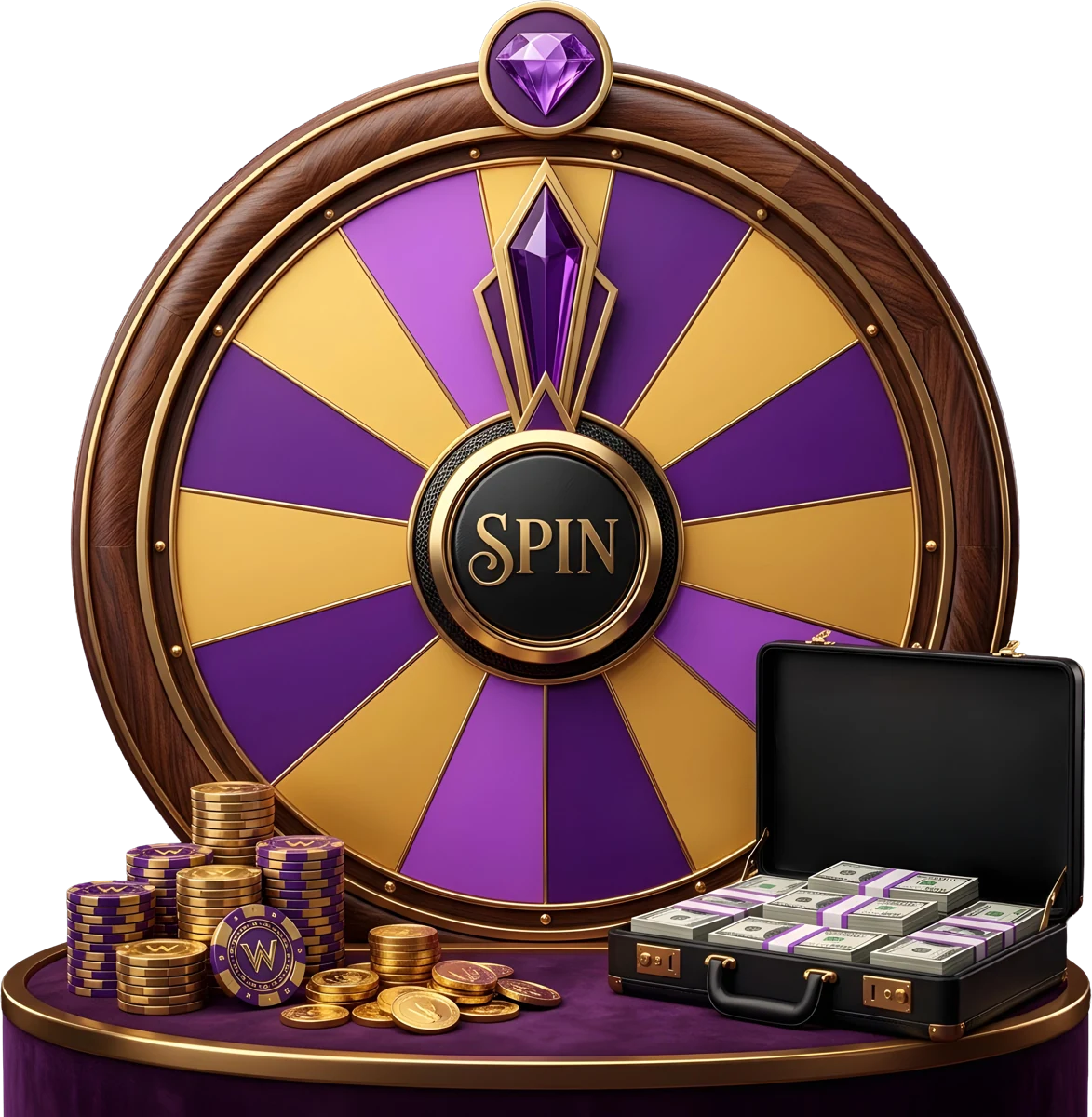 Prize wheel in a wooden frame with gold trim and purple detailing