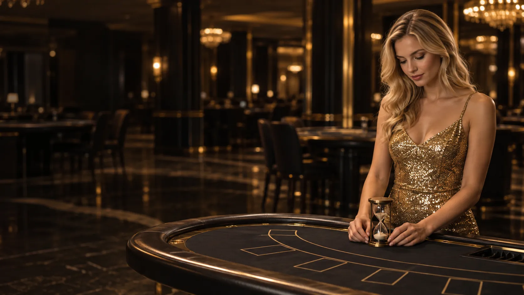 Woman calmly watches an hourglass beside a blackjack table