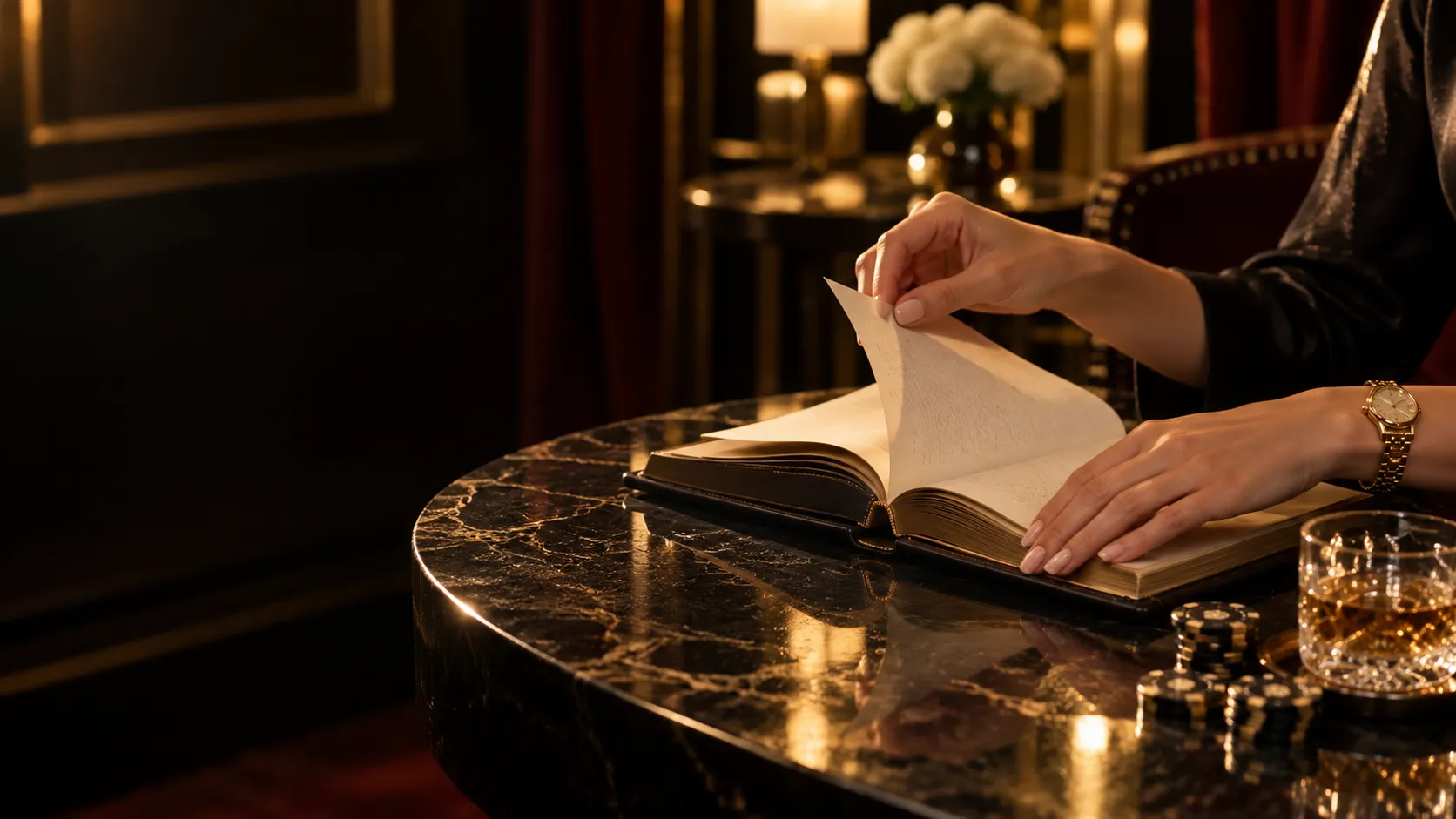 Hands open a leather-bound book in a velvet-draped salon, standing in for the terms behind this Here2Win Casino guide